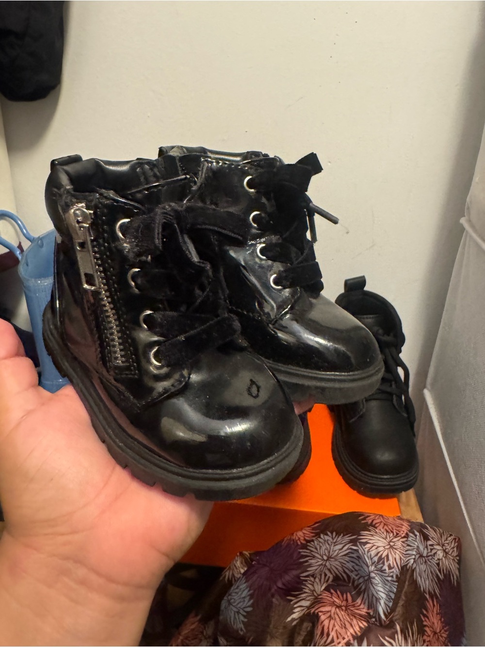 wonder nation Black Patent Lace-Up Toddler Boots with Side Zip and Velvet Laces